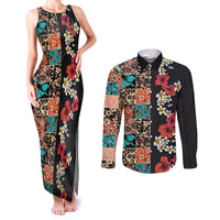 Hawaiian Hibiscus and Tropical Leaves Couples Matching Tank Maxi Dress and Long Sleeve Button Shirt Patchwork Grunge Abstract Vintage Style LT03 Black - Polynesian Pride