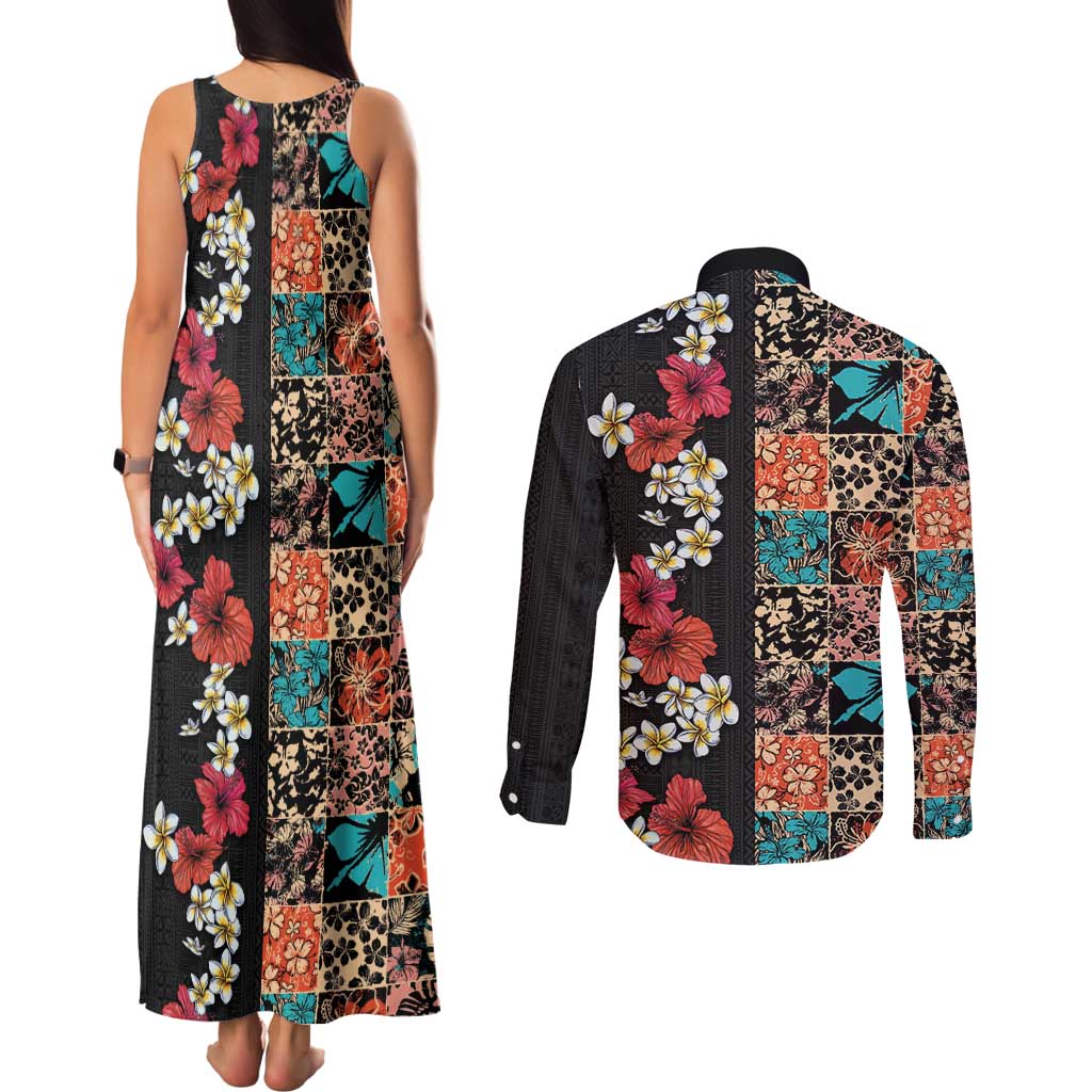 Hawaiian Hibiscus and Tropical Leaves Couples Matching Tank Maxi Dress and Long Sleeve Button Shirt Patchwork Grunge Abstract Vintage Style LT03 - Polynesian Pride