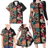 Hawaiian Hibiscus and Tropical Leaves Family Matching Long Sleeve Bodycon Dress and Hawaiian Shirt Patchwork Grunge Abstract Vintage Style LT03 - Polynesian Pride