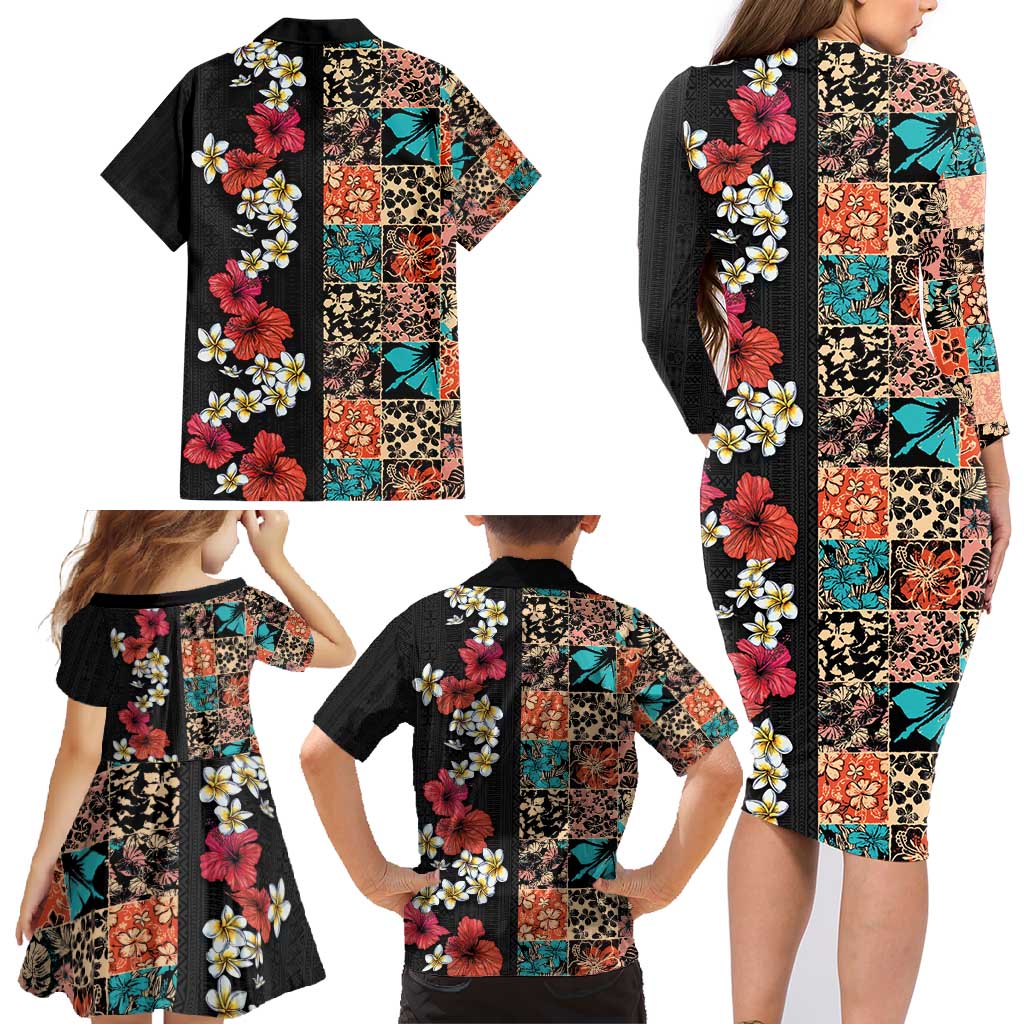Hawaiian Hibiscus and Tropical Leaves Family Matching Long Sleeve Bodycon Dress and Hawaiian Shirt Patchwork Grunge Abstract Vintage Style LT03 - Polynesian Pride