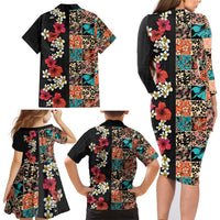 Hawaiian Hibiscus and Tropical Leaves Family Matching Long Sleeve Bodycon Dress and Hawaiian Shirt Patchwork Grunge Abstract Vintage Style LT03 - Polynesian Pride
