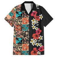Hawaiian Hibiscus and Tropical Leaves Family Matching Long Sleeve Bodycon Dress and Hawaiian Shirt Patchwork Grunge Abstract Vintage Style LT03 Dad's Shirt - Short Sleeve Black - Polynesian Pride