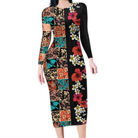 Hawaiian Hibiscus and Tropical Leaves Family Matching Long Sleeve Bodycon Dress and Hawaiian Shirt Patchwork Grunge Abstract Vintage Style LT03 Mom's Dress Black - Polynesian Pride