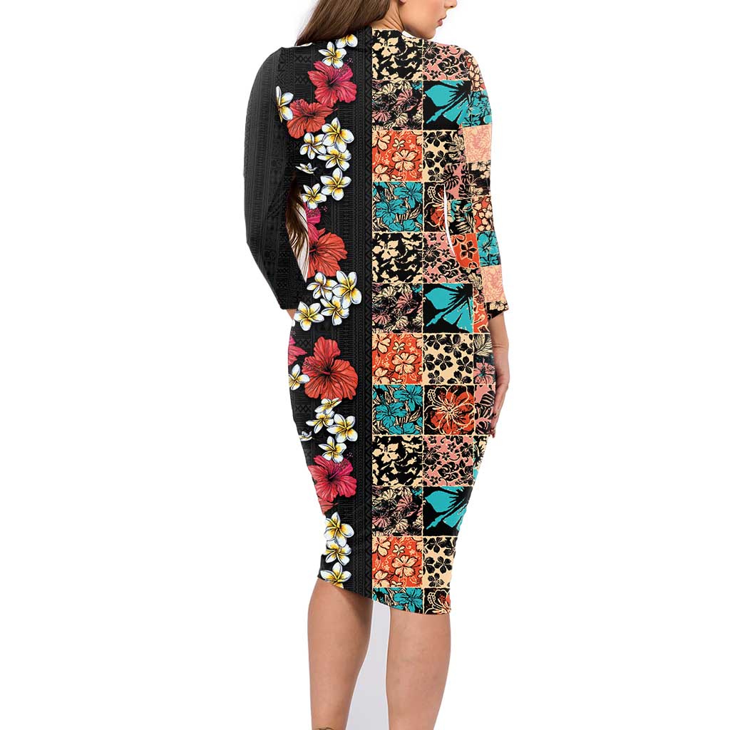 Hawaiian Hibiscus and Tropical Leaves Family Matching Long Sleeve Bodycon Dress and Hawaiian Shirt Patchwork Grunge Abstract Vintage Style LT03 - Polynesian Pride