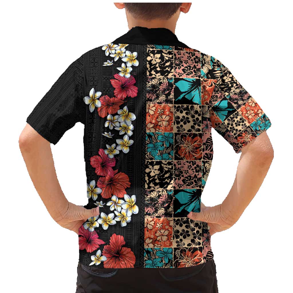 Hawaiian Hibiscus and Tropical Leaves Family Matching Mermaid Dress and Hawaiian Shirt Patchwork Grunge Abstract Vintage Style LT03 - Polynesian Pride