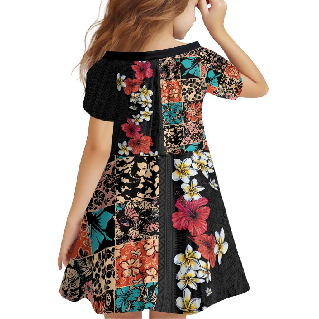 Hawaiian Hibiscus and Tropical Leaves Family Matching Mermaid Dress and Hawaiian Shirt Patchwork Grunge Abstract Vintage Style LT03 - Polynesian Pride