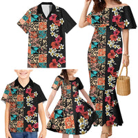 Hawaiian Hibiscus and Tropical Leaves Family Matching Mermaid Dress and Hawaiian Shirt Patchwork Grunge Abstract Vintage Style LT03 - Polynesian Pride