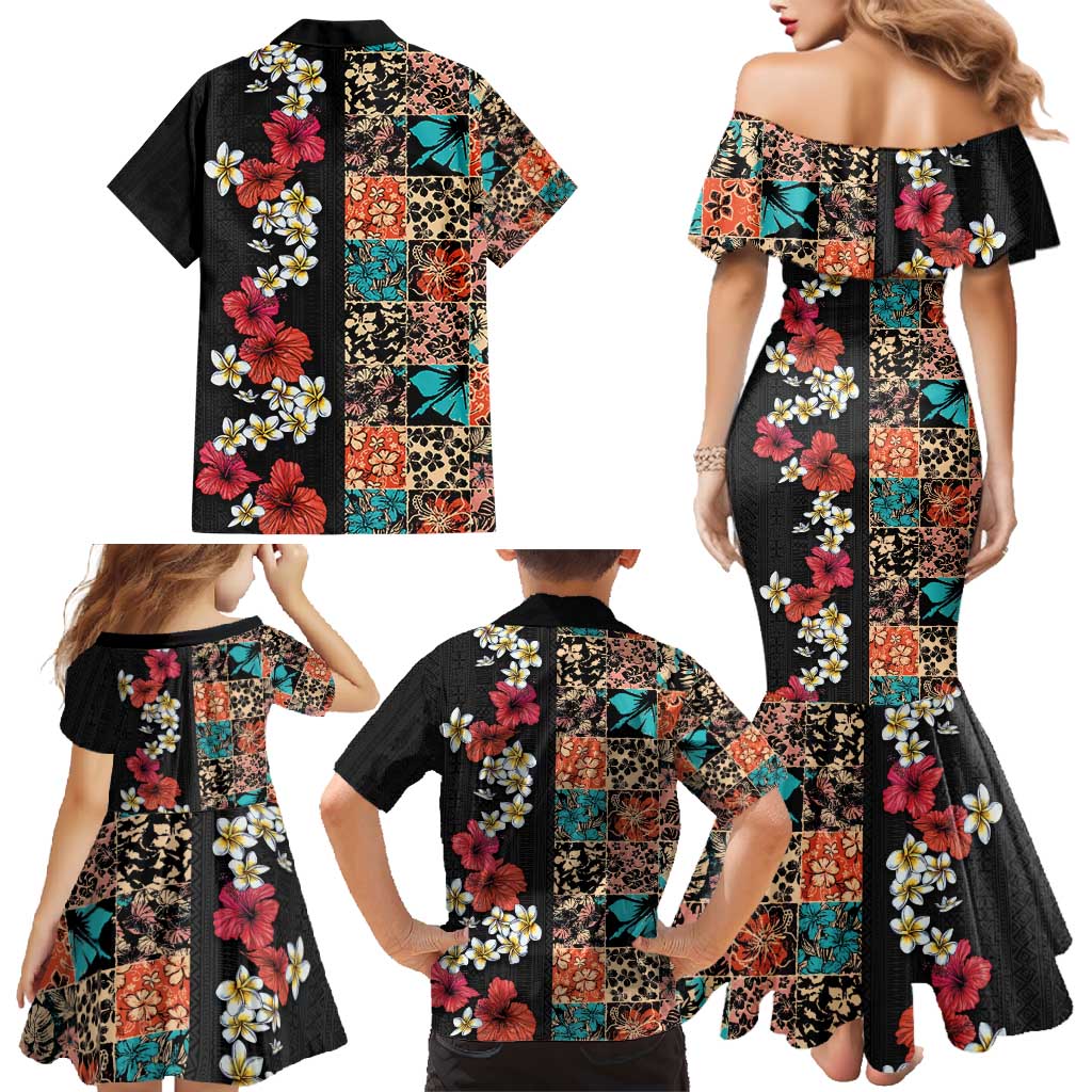 Hawaiian Hibiscus and Tropical Leaves Family Matching Mermaid Dress and Hawaiian Shirt Patchwork Grunge Abstract Vintage Style LT03 - Polynesian Pride