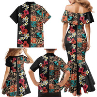 Hawaiian Hibiscus and Tropical Leaves Family Matching Mermaid Dress and Hawaiian Shirt Patchwork Grunge Abstract Vintage Style LT03 - Polynesian Pride