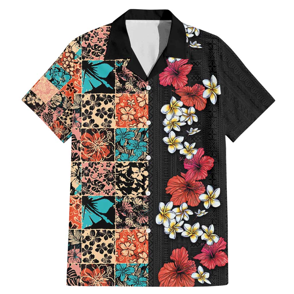 Hawaiian Hibiscus and Tropical Leaves Family Matching Mermaid Dress and Hawaiian Shirt Patchwork Grunge Abstract Vintage Style LT03 Dad's Shirt - Short Sleeve Black - Polynesian Pride