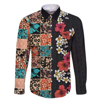 Hawaiian Hibiscus and Tropical Leaves Family Matching Mermaid Dress and Hawaiian Shirt Patchwork Grunge Abstract Vintage Style LT03 Dad's Shirt - Long Sleeve Black - Polynesian Pride