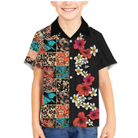 Hawaiian Hibiscus and Tropical Leaves Family Matching Mermaid Dress and Hawaiian Shirt Patchwork Grunge Abstract Vintage Style LT03 Son's Shirt Black - Polynesian Pride