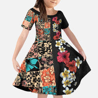 Hawaiian Hibiscus and Tropical Leaves Family Matching Off The Shoulder Long Sleeve Dress and Hawaiian Shirt Patchwork Grunge Abstract Vintage Style LT03 Daughter's Dress Black - Polynesian Pride