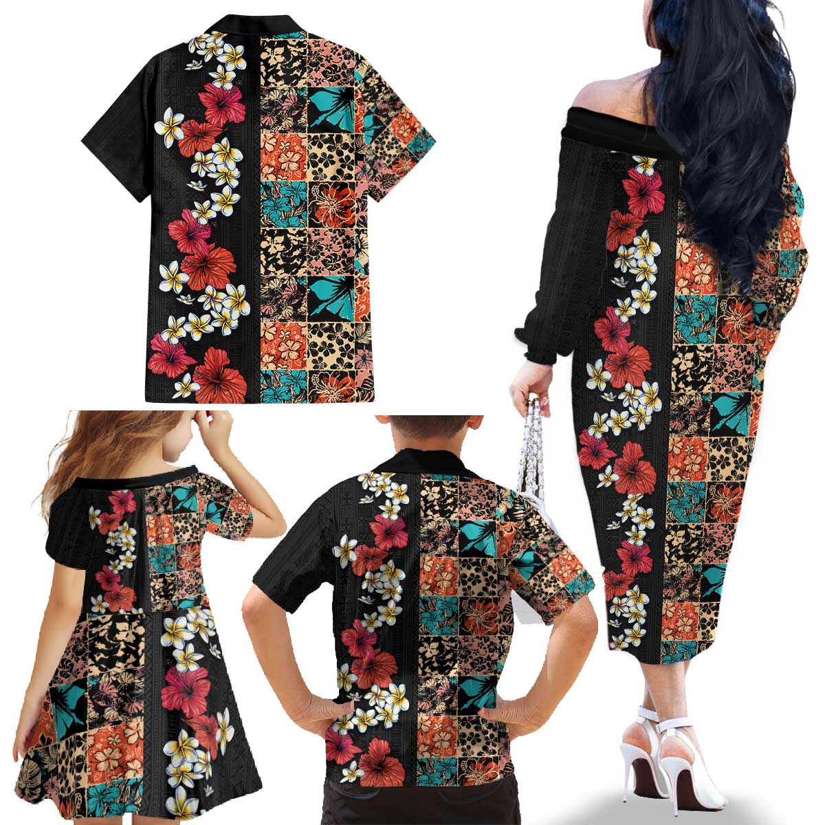 Hawaiian Hibiscus and Tropical Leaves Family Matching Off The Shoulder Long Sleeve Dress and Hawaiian Shirt Patchwork Grunge Abstract Vintage Style LT03 - Polynesian Pride