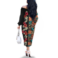 Hawaiian Hibiscus and Tropical Leaves Family Matching Off The Shoulder Long Sleeve Dress and Hawaiian Shirt Patchwork Grunge Abstract Vintage Style LT03 - Polynesian Pride