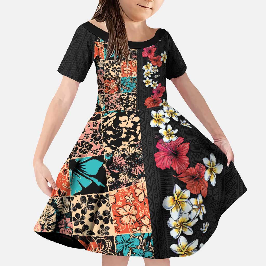 Hawaiian Hibiscus and Tropical Leaves Family Matching Off Shoulder Maxi Dress and Hawaiian Shirt Patchwork Grunge Abstract Vintage Style LT03 Daughter's Dress Black - Polynesian Pride