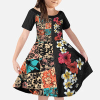 Hawaiian Hibiscus and Tropical Leaves Family Matching Off Shoulder Maxi Dress and Hawaiian Shirt Patchwork Grunge Abstract Vintage Style LT03 Daughter's Dress Black - Polynesian Pride