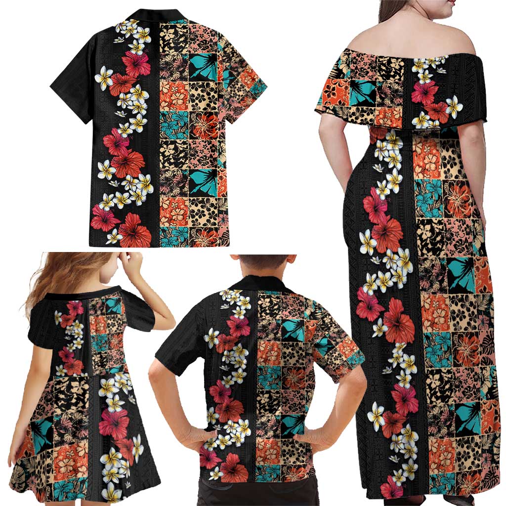 Hawaiian Hibiscus and Tropical Leaves Family Matching Off Shoulder Maxi Dress and Hawaiian Shirt Patchwork Grunge Abstract Vintage Style LT03 - Polynesian Pride