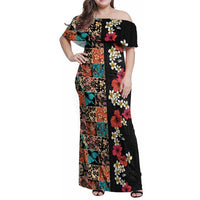 Hawaiian Hibiscus and Tropical Leaves Family Matching Off Shoulder Maxi Dress and Hawaiian Shirt Patchwork Grunge Abstract Vintage Style LT03 Mom's Dress Black - Polynesian Pride