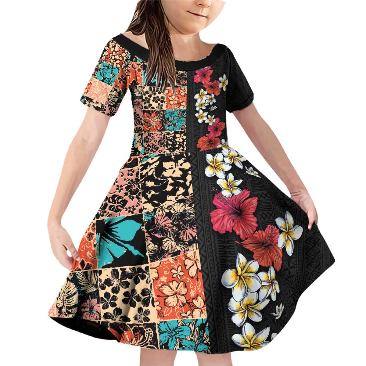 Hawaiian Hibiscus and Tropical Leaves Family Matching Off Shoulder Short Dress and Hawaiian Shirt Patchwork Grunge Abstract Vintage Style LT03 Daughter's Dress Black - Polynesian Pride