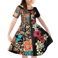 Hawaiian Hibiscus and Tropical Leaves Family Matching Off Shoulder Short Dress and Hawaiian Shirt Patchwork Grunge Abstract Vintage Style LT03 Daughter's Dress Black - Polynesian Pride