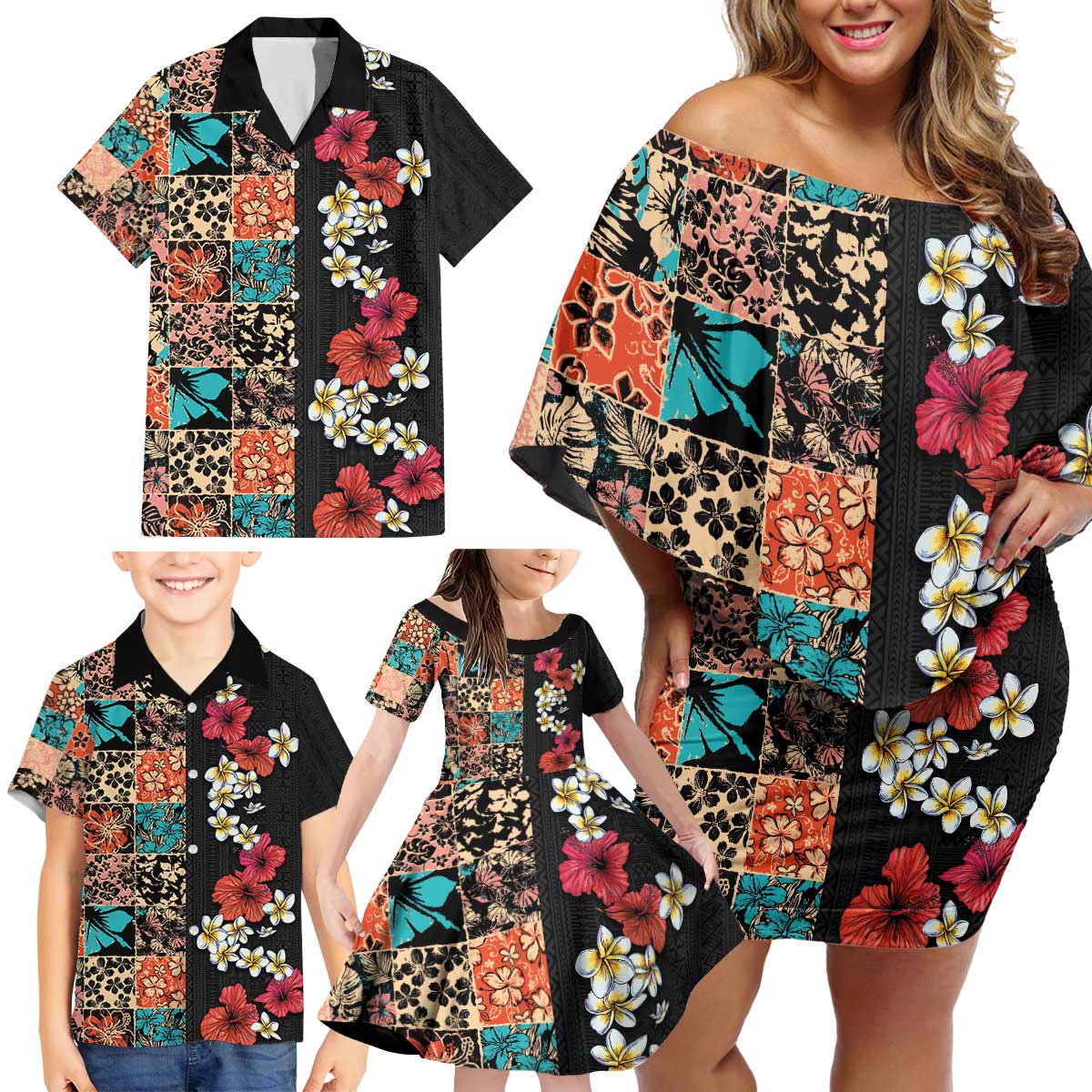 Hawaiian Hibiscus and Tropical Leaves Family Matching Off Shoulder Short Dress and Hawaiian Shirt Patchwork Grunge Abstract Vintage Style LT03 - Polynesian Pride
