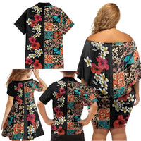 Hawaiian Hibiscus and Tropical Leaves Family Matching Off Shoulder Short Dress and Hawaiian Shirt Patchwork Grunge Abstract Vintage Style LT03 - Polynesian Pride