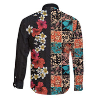 Hawaiian Hibiscus and Tropical Leaves Family Matching Off Shoulder Short Dress and Hawaiian Shirt Patchwork Grunge Abstract Vintage Style LT03 - Polynesian Pride