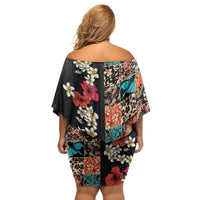Hawaiian Hibiscus and Tropical Leaves Family Matching Off Shoulder Short Dress and Hawaiian Shirt Patchwork Grunge Abstract Vintage Style LT03 - Polynesian Pride