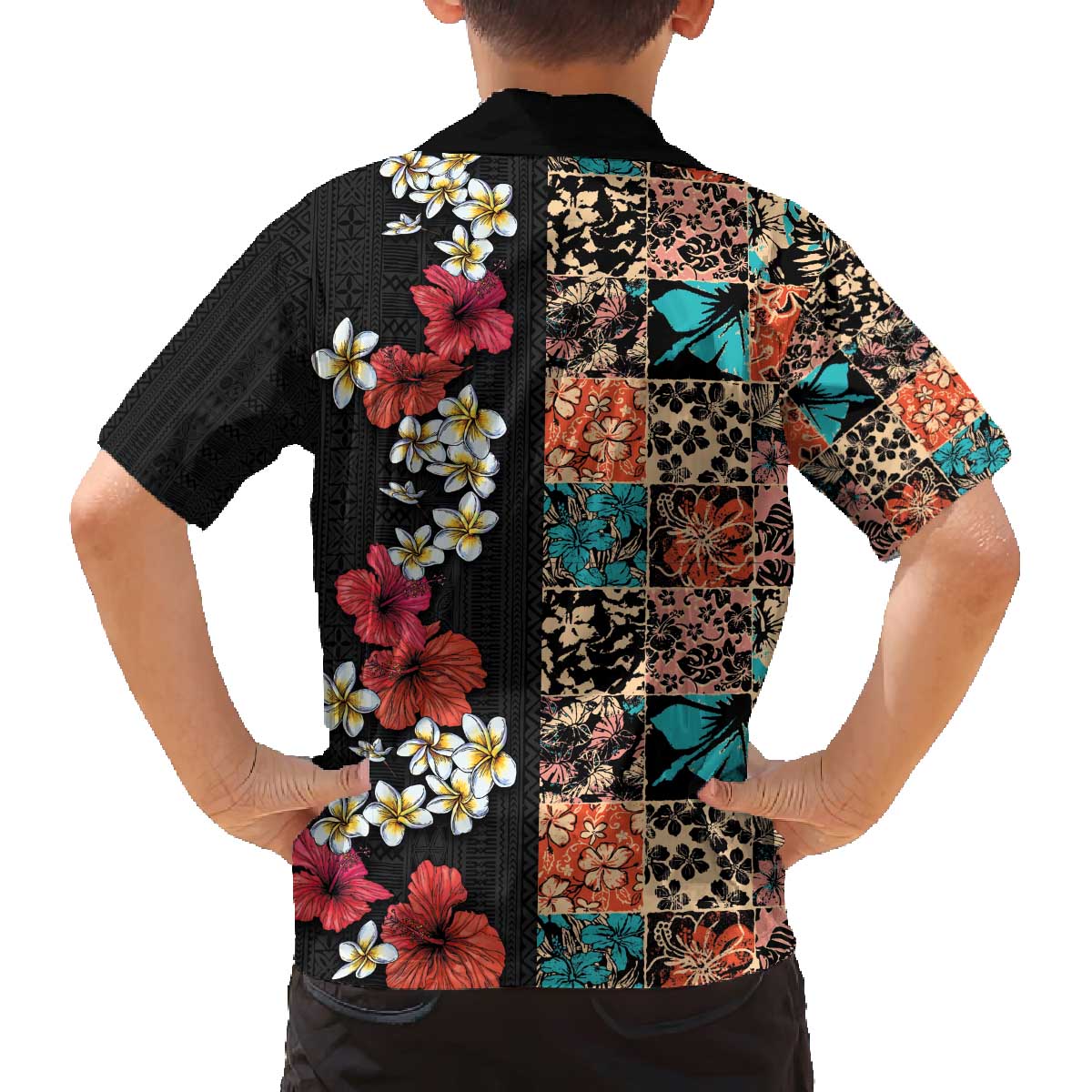 Hawaiian Hibiscus and Tropical Leaves Family Matching Puletasi and Hawaiian Shirt Patchwork Grunge Abstract Vintage Style LT03 - Polynesian Pride