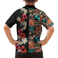 Hawaiian Hibiscus and Tropical Leaves Family Matching Puletasi and Hawaiian Shirt Patchwork Grunge Abstract Vintage Style LT03 - Polynesian Pride