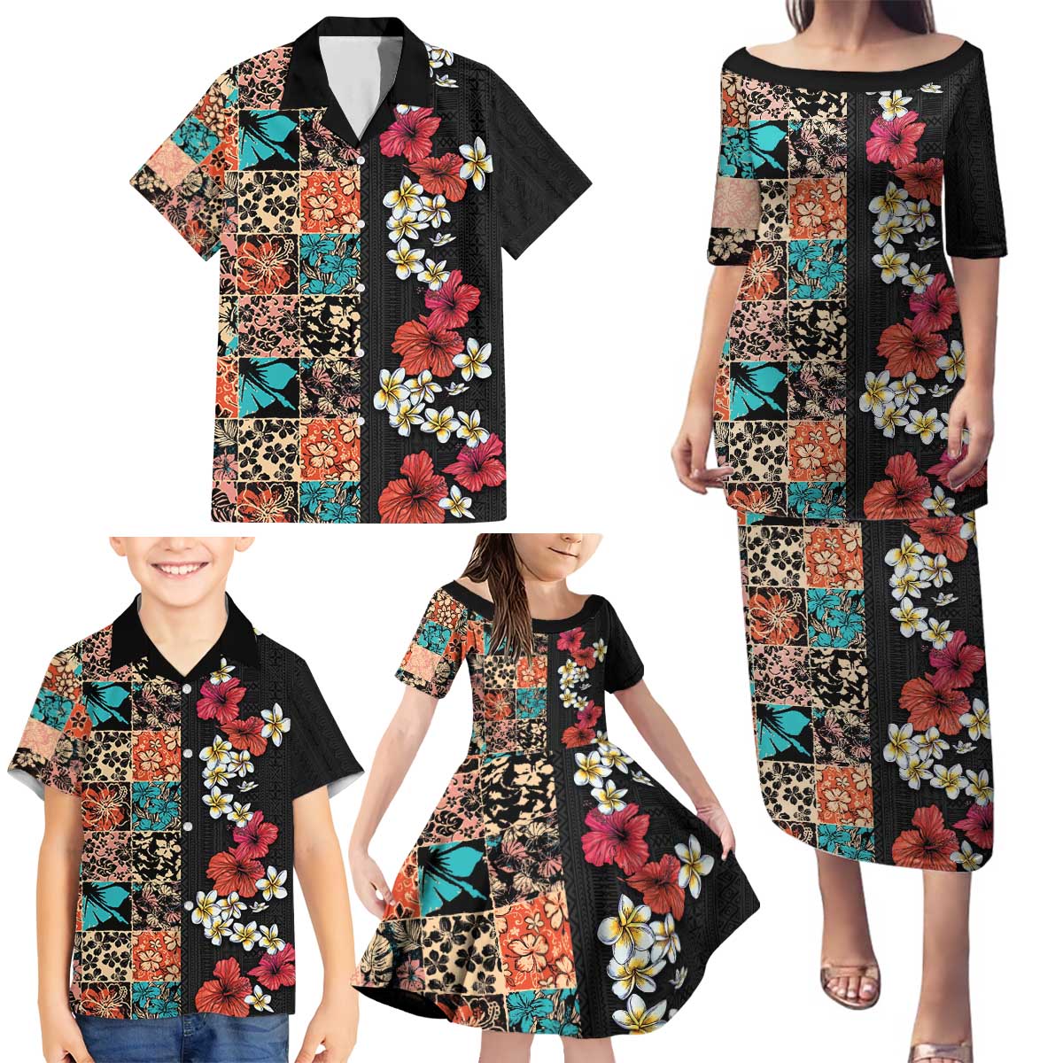 Hawaiian Hibiscus and Tropical Leaves Family Matching Puletasi and Hawaiian Shirt Patchwork Grunge Abstract Vintage Style LT03 - Polynesian Pride