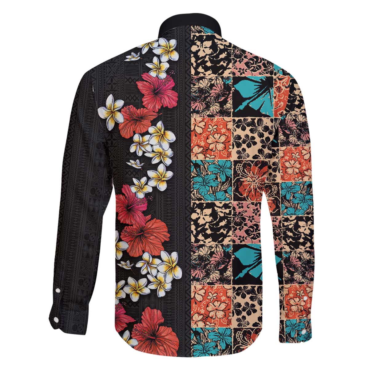 Hawaiian Hibiscus and Tropical Leaves Family Matching Puletasi and Hawaiian Shirt Patchwork Grunge Abstract Vintage Style LT03 - Polynesian Pride
