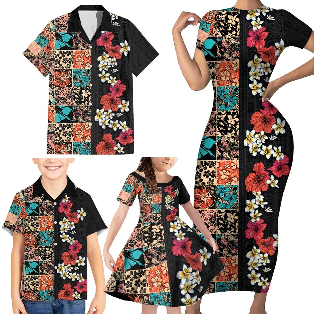 Hawaiian Hibiscus and Tropical Leaves Family Matching Short Sleeve Bodycon Dress and Hawaiian Shirt Patchwork Grunge Abstract Vintage Style LT03 - Polynesian Pride