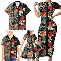Hawaiian Hibiscus and Tropical Leaves Family Matching Short Sleeve Bodycon Dress and Hawaiian Shirt Patchwork Grunge Abstract Vintage Style LT03 - Polynesian Pride