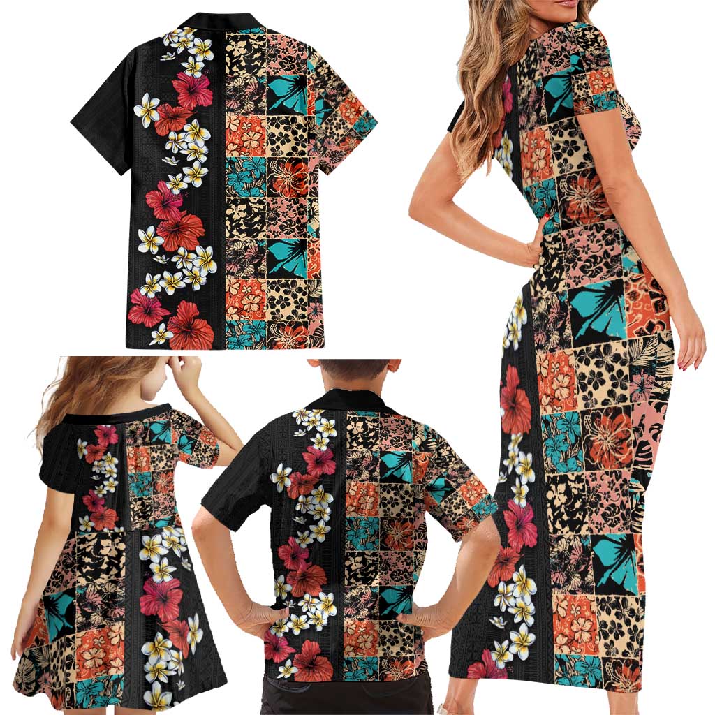 Hawaiian Hibiscus and Tropical Leaves Family Matching Short Sleeve Bodycon Dress and Hawaiian Shirt Patchwork Grunge Abstract Vintage Style LT03 - Polynesian Pride