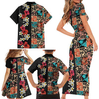 Hawaiian Hibiscus and Tropical Leaves Family Matching Short Sleeve Bodycon Dress and Hawaiian Shirt Patchwork Grunge Abstract Vintage Style LT03 - Polynesian Pride