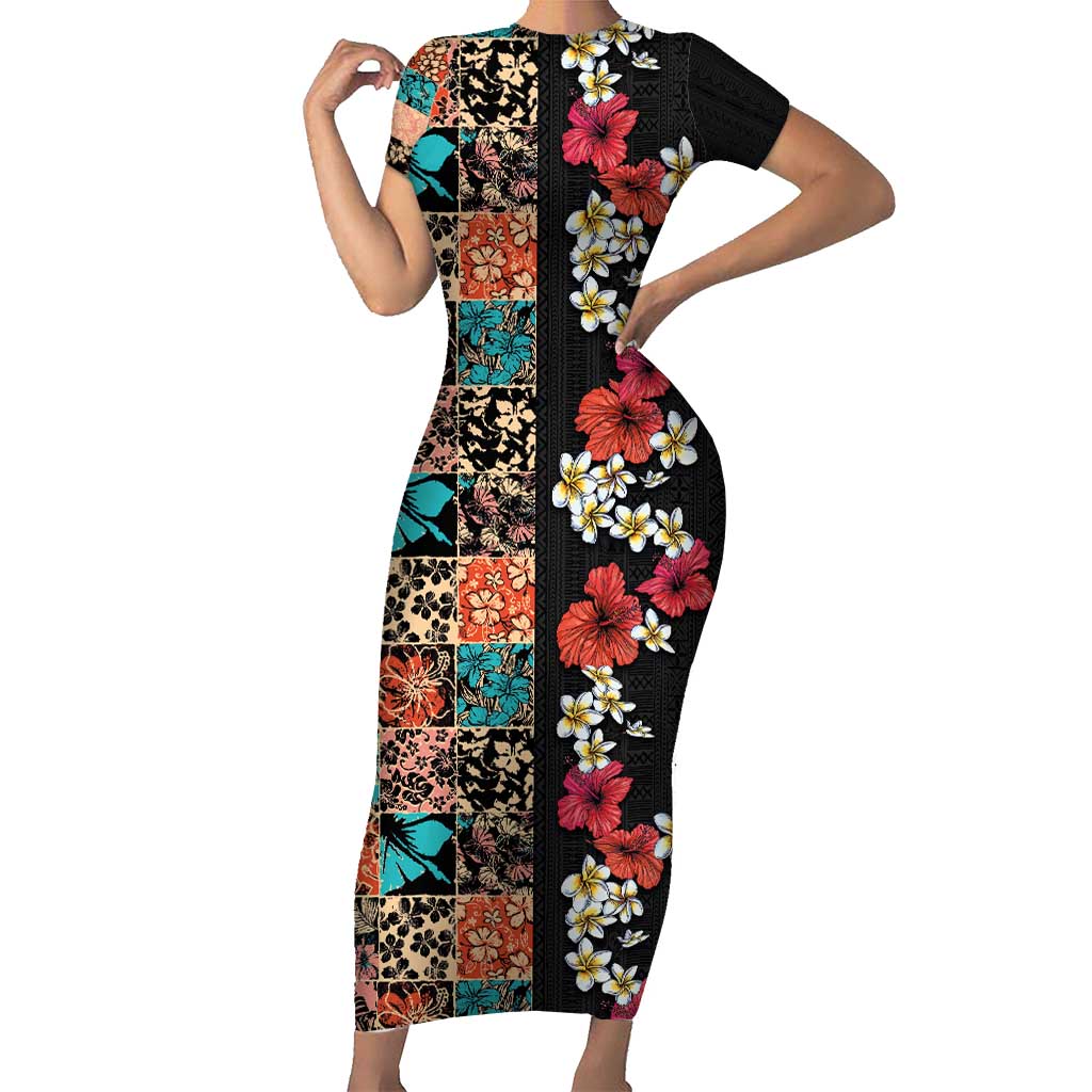 Hawaiian Hibiscus and Tropical Leaves Family Matching Short Sleeve Bodycon Dress and Hawaiian Shirt Patchwork Grunge Abstract Vintage Style LT03 Mom's Dress Black - Polynesian Pride