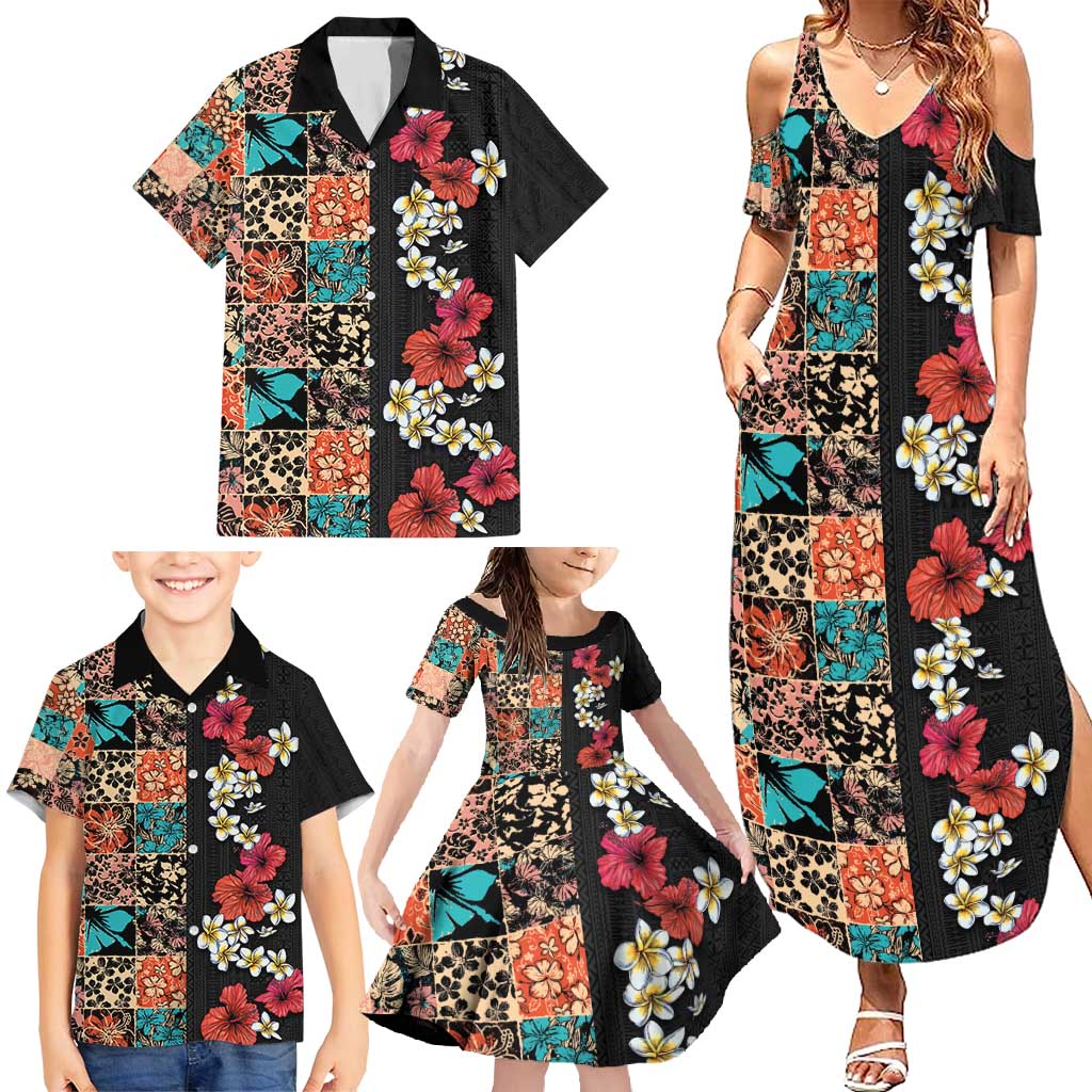 Hawaiian Hibiscus and Tropical Leaves Family Matching Summer Maxi Dress and Hawaiian Shirt Patchwork Grunge Abstract Vintage Style LT03 - Polynesian Pride