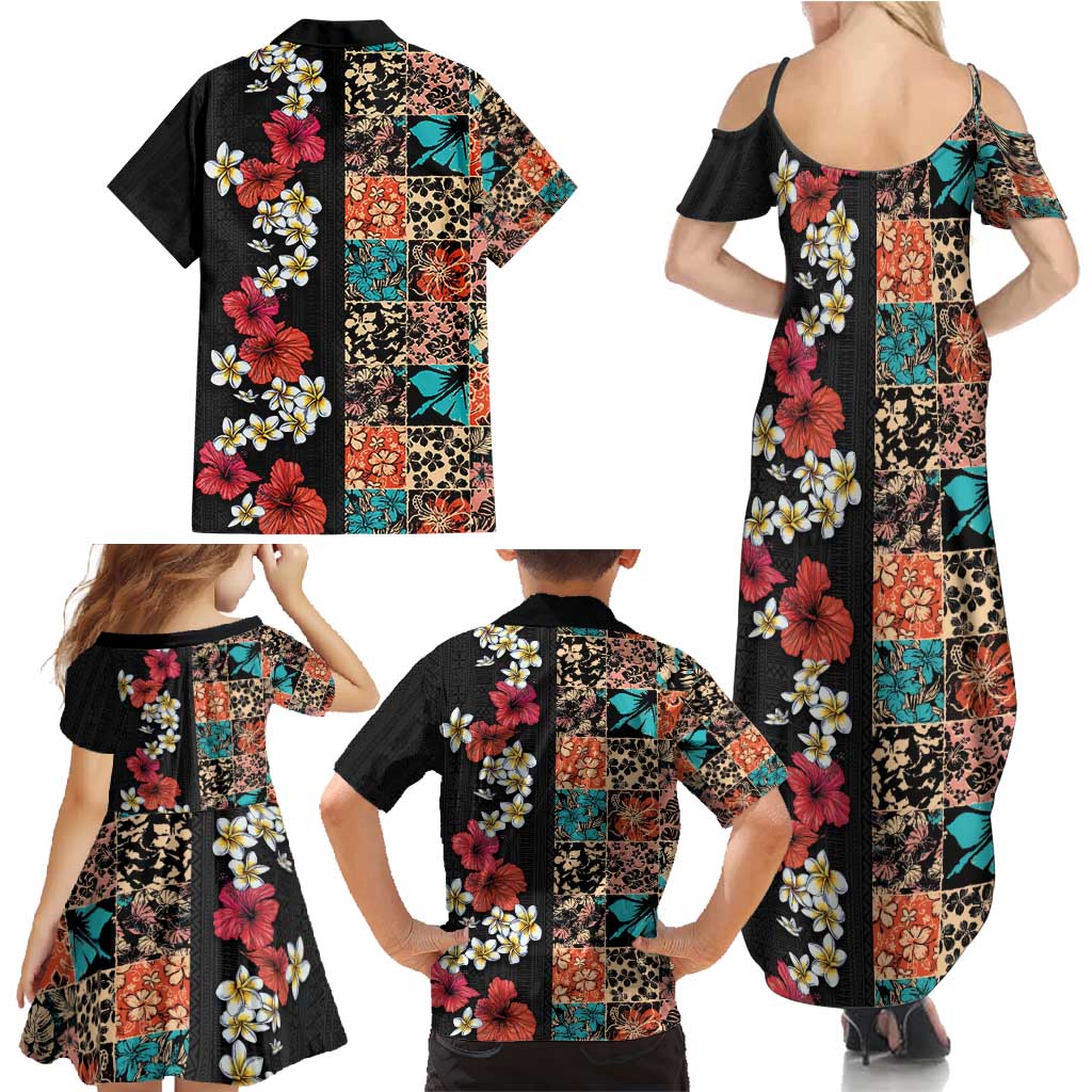 Hawaiian Hibiscus and Tropical Leaves Family Matching Summer Maxi Dress and Hawaiian Shirt Patchwork Grunge Abstract Vintage Style LT03 - Polynesian Pride
