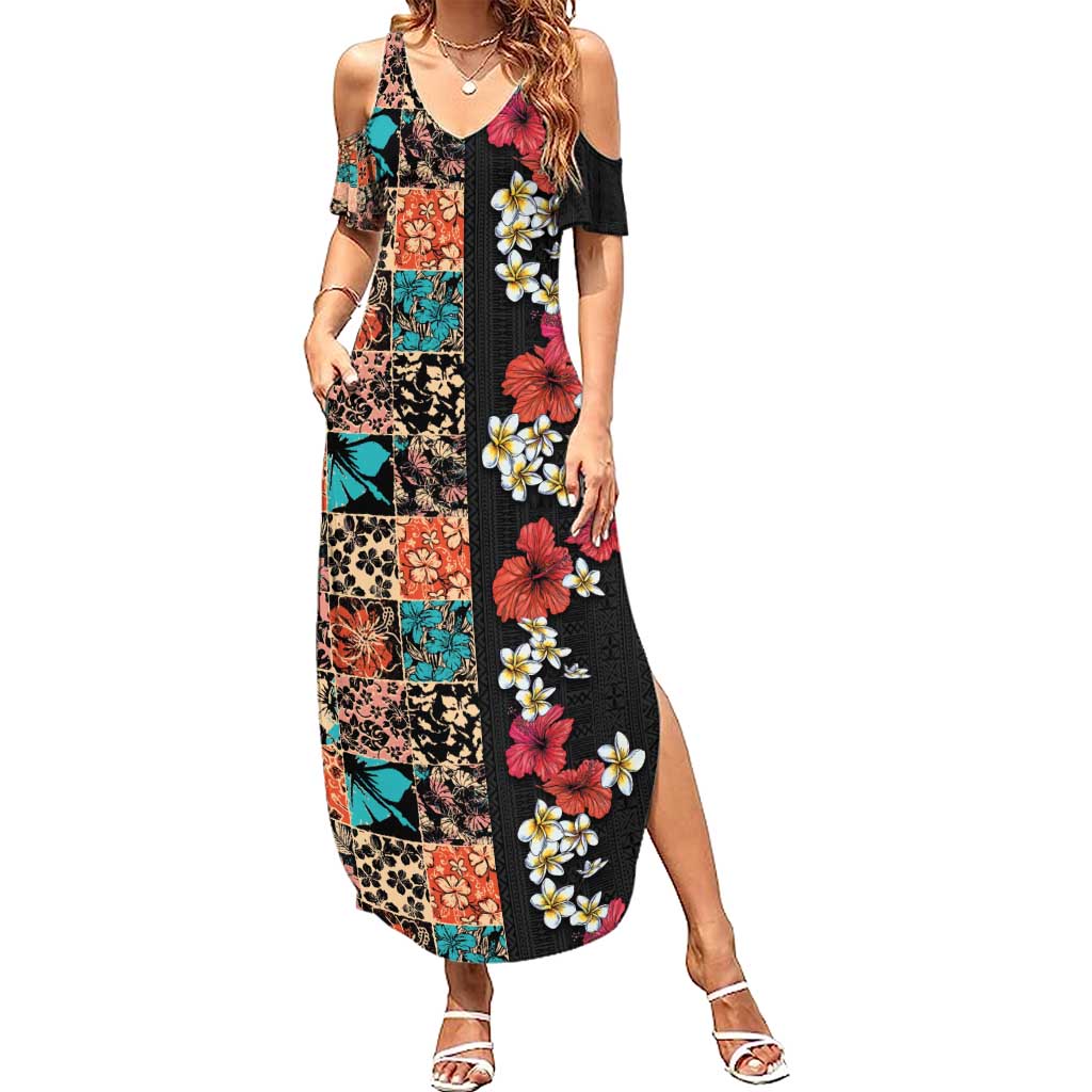 Hawaiian Hibiscus and Tropical Leaves Family Matching Summer Maxi Dress and Hawaiian Shirt Patchwork Grunge Abstract Vintage Style LT03 Mom's Dress Black - Polynesian Pride