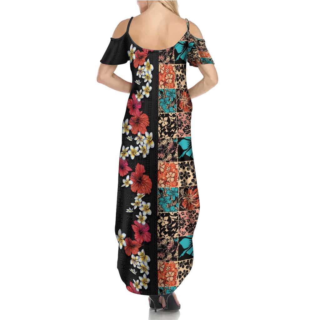 Hawaiian Hibiscus and Tropical Leaves Family Matching Summer Maxi Dress and Hawaiian Shirt Patchwork Grunge Abstract Vintage Style LT03 - Polynesian Pride