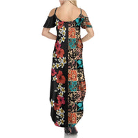 Hawaiian Hibiscus and Tropical Leaves Family Matching Summer Maxi Dress and Hawaiian Shirt Patchwork Grunge Abstract Vintage Style LT03 - Polynesian Pride