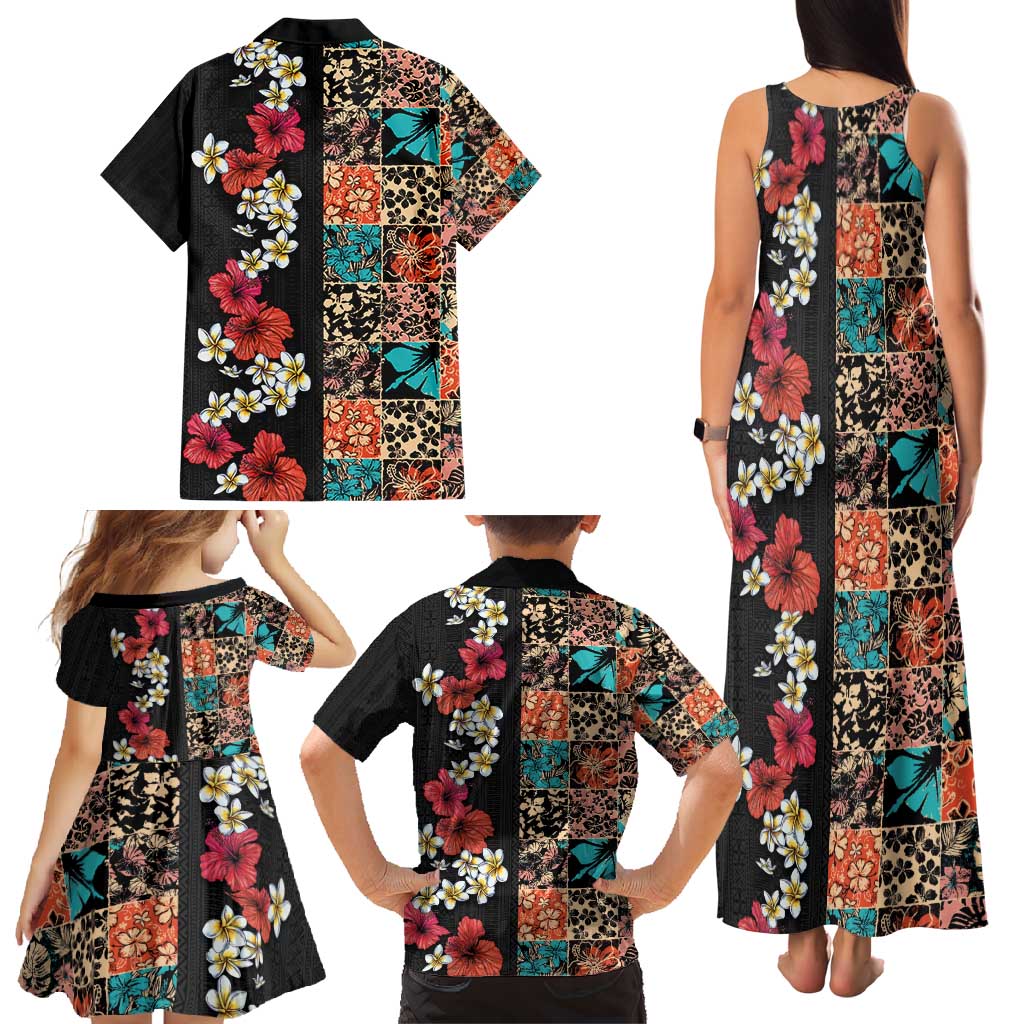 Hawaiian Hibiscus and Tropical Leaves Family Matching Tank Maxi Dress and Hawaiian Shirt Patchwork Grunge Abstract Vintage Style LT03 - Polynesian Pride
