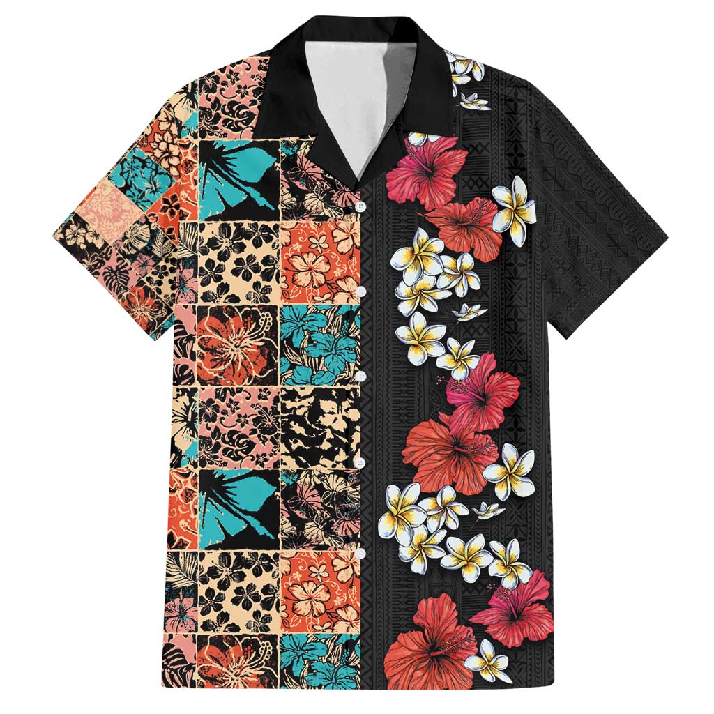 Hawaiian Hibiscus and Tropical Leaves Family Matching Tank Maxi Dress and Hawaiian Shirt Patchwork Grunge Abstract Vintage Style LT03 Dad's Shirt - Short Sleeve Black - Polynesian Pride