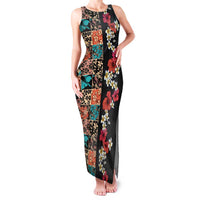 Hawaiian Hibiscus and Tropical Leaves Family Matching Tank Maxi Dress and Hawaiian Shirt Patchwork Grunge Abstract Vintage Style LT03 Mom's Dress Black - Polynesian Pride