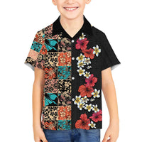 Hawaiian Hibiscus and Tropical Leaves Family Matching Tank Maxi Dress and Hawaiian Shirt Patchwork Grunge Abstract Vintage Style LT03 Son's Shirt Black - Polynesian Pride