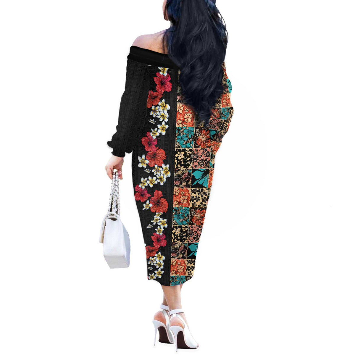 Hawaiian Hibiscus and Tropical Leaves Off The Shoulder Long Sleeve Dress Patchwork Grunge Abstract Vintage Style