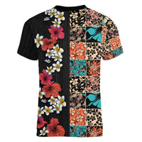 Hawaiian Hibiscus and Tropical Leaves Women V-Neck T-Shirt Patchwork Grunge Abstract Vintage Style LT03 - Polynesian Pride