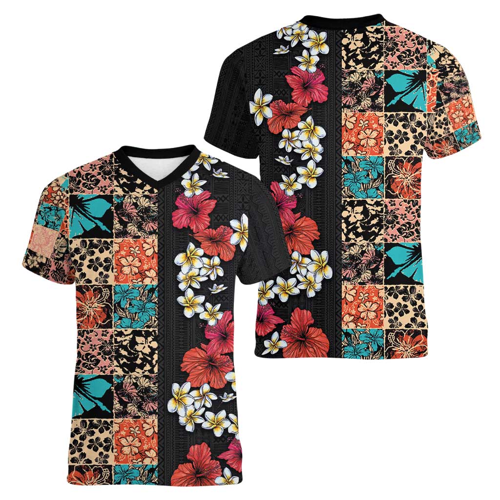 Hawaiian Hibiscus and Tropical Leaves Women V-Neck T-Shirt Patchwork Grunge Abstract Vintage Style LT03 - Polynesian Pride